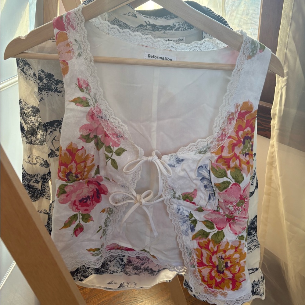 Reformation White Floral Lace-Up Vest